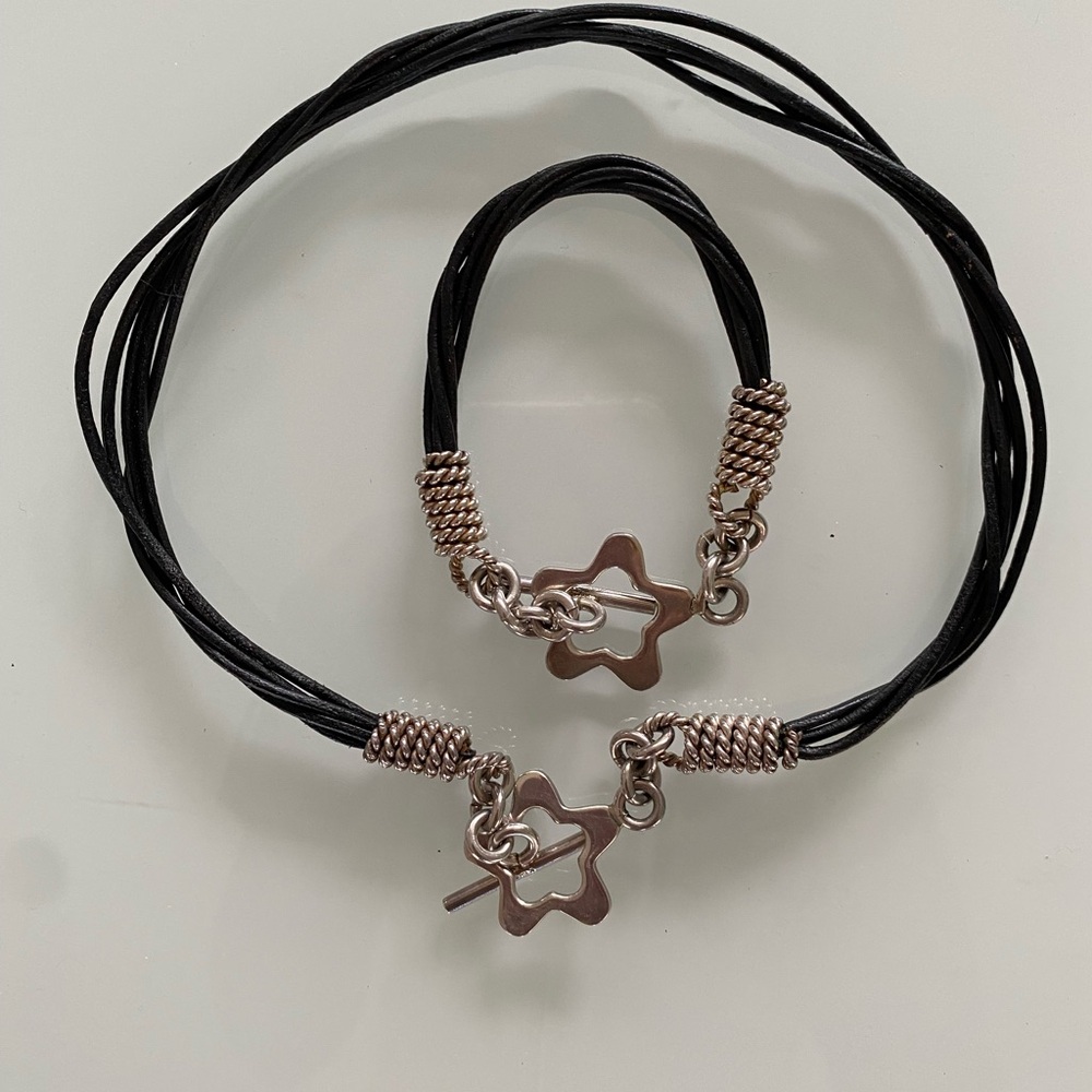 Mexico Sterling Silver Montblanc* Black Leather Cord Necklace & Bracelet Set